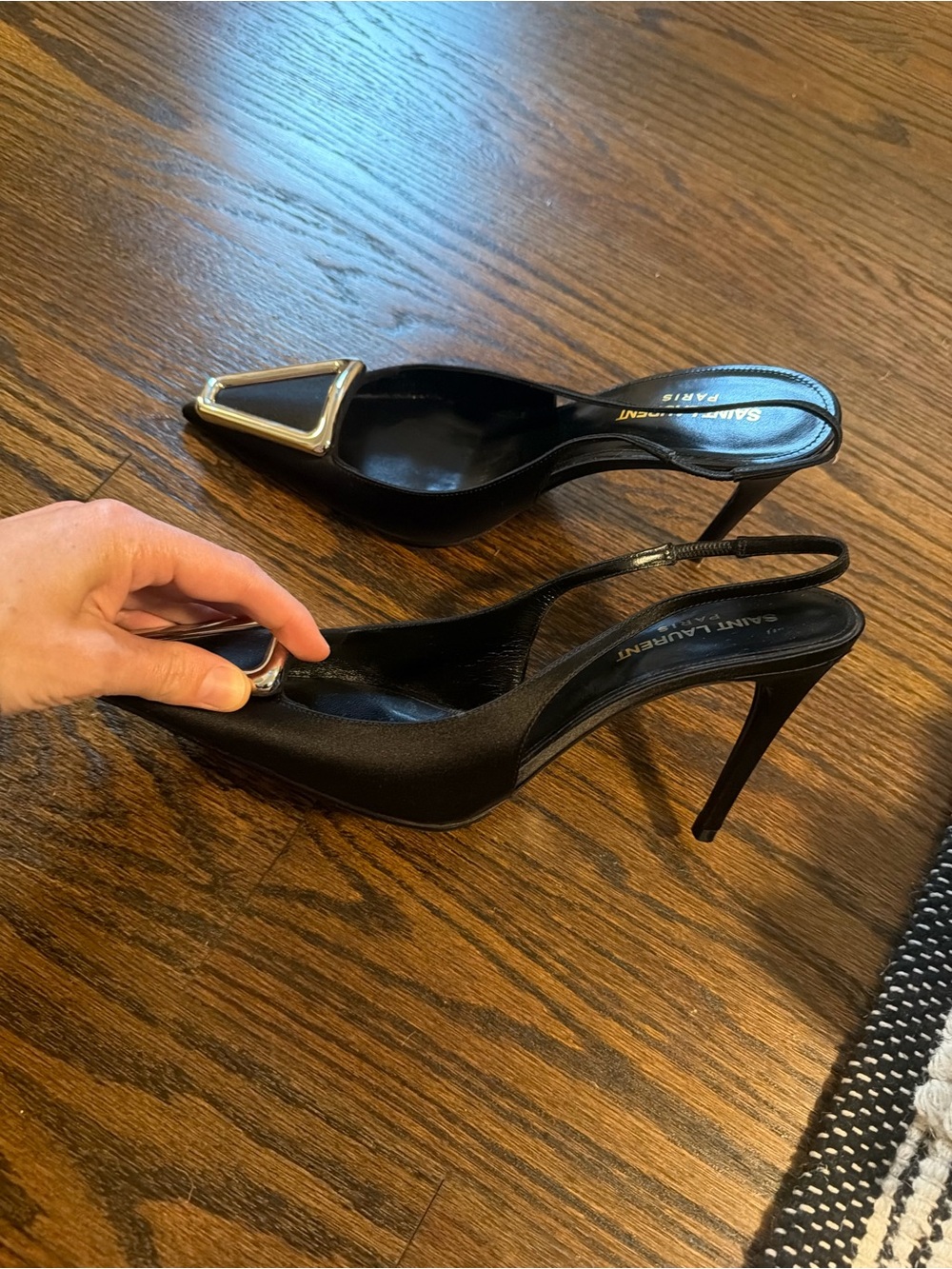 Saint Laurent Black Pointed Slingback Pumps with Silver Trim - Picture 14 of 15